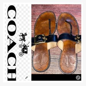 Coach Black T Strap Thong Sandals With brown signature coach foot bed